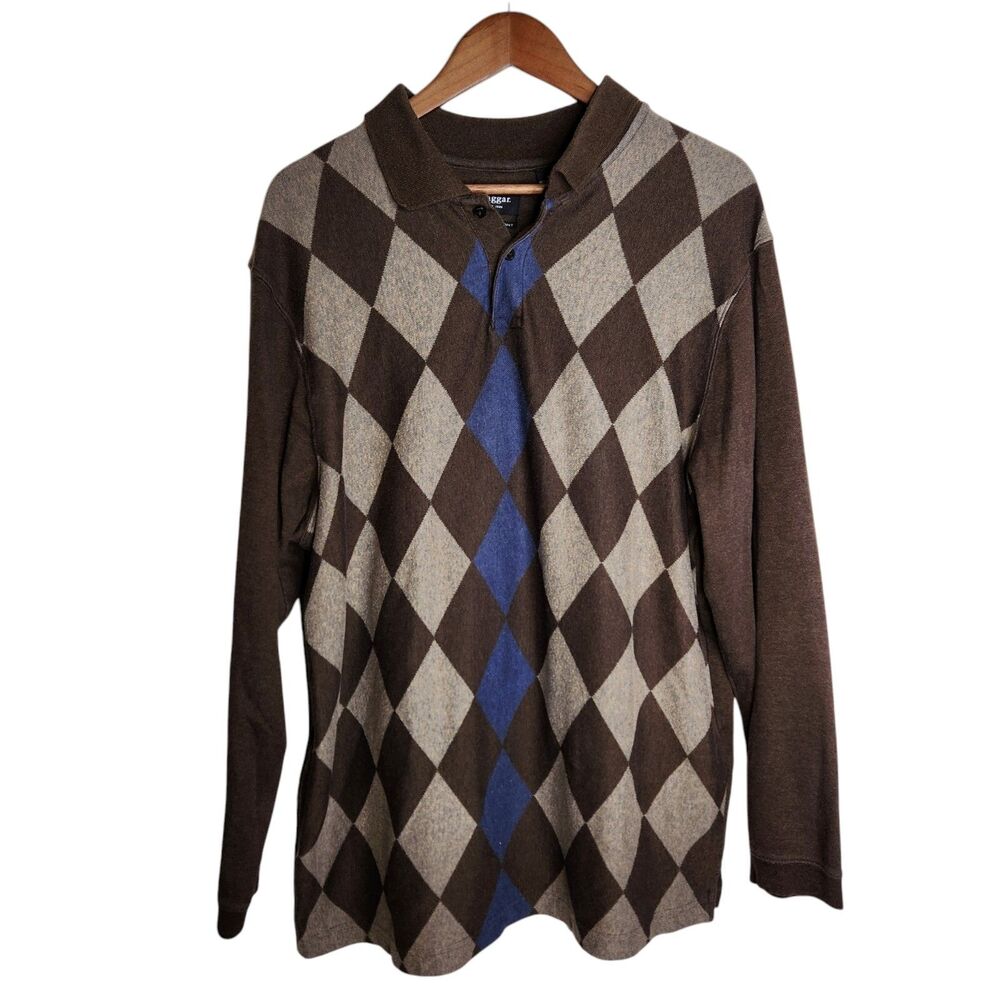 Haggar Long Sleeve Polo Mens Size XL Brown Argyle Cotton Blend Pullover Shirt